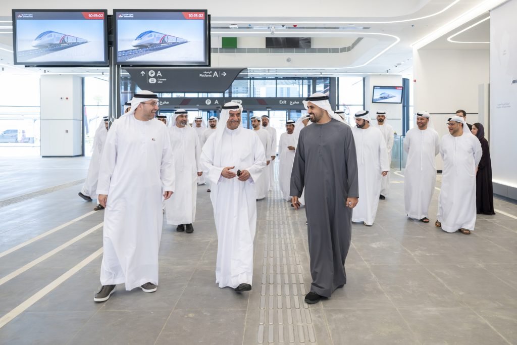 Ruler of Fujairah, Crown Prince of Fujairah, Theyab bin Mohamed bin Zayed visit Fujairah passenger station following full completion as part of Etihad Rail Network