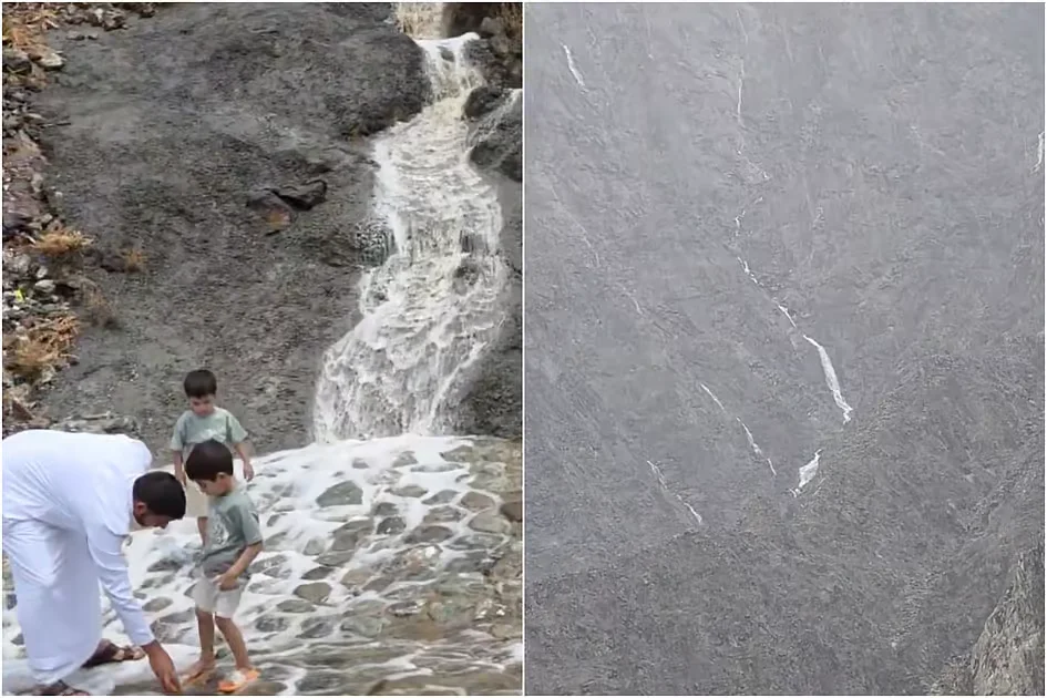 Rains trigger waterfalls in Khor Fakkan mountains as kids play in flowing waters